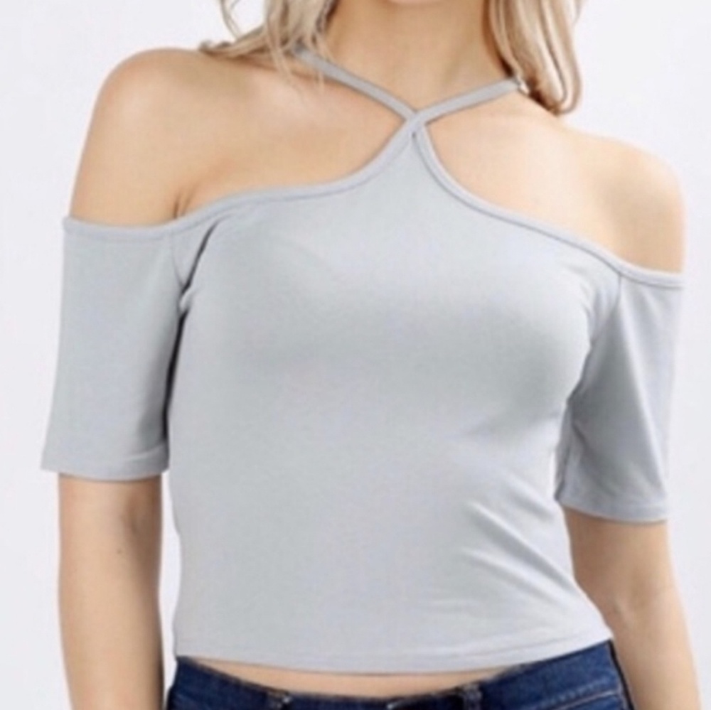 Sexy Gray Choker / Halter Cold Shoulder Top Large - Picture 3 of 4